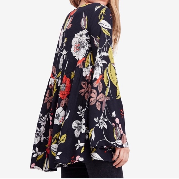 FREE PEOPLE BELLA PRINTED FLORAL V-NECK LONG SLEEVE TUNIC, BLACK, SIZE XS (NWT) - Picture 4 of 7